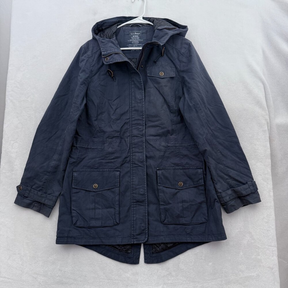 LL Bean Jacket Womens M Blue Chore Parka Full Zip Canvas Hooded Quilted Line